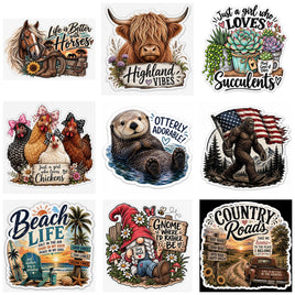New sticker designs from Sticker Apple: horses, highland cow, succulents, chickens, otter, Bigfoot, beach life, garden gnome and country roads
