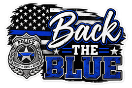Back the Blue police sticker with badge and thin blue line flag