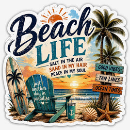 Beach life salt in the air sand in my hair sticker with Adirondack chair and palm trees