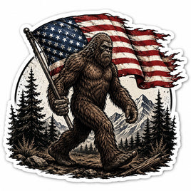 Bigfoot walking through the forest carrying an American flag sticker