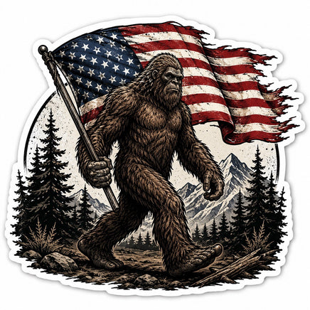 Bigfoot walking through the forest carrying an American flag sticker