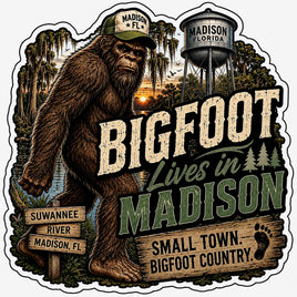 Bigfoot lives in Madison small town Bigfoot country sticker with water tower