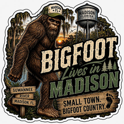 Bigfoot lives in Madison small town Bigfoot country sticker with water tower