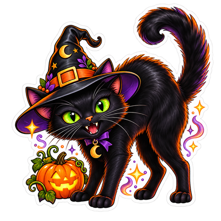Black Cat in Witch Hat - Halloween Sticker - waterproof vinyl decal