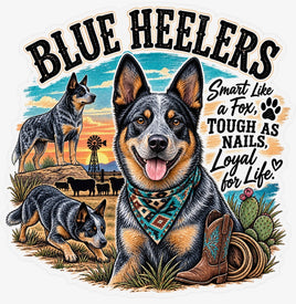 Blue heeler dogs with bandana and windmill sunset, smart like a fox tough as nails loyal for life