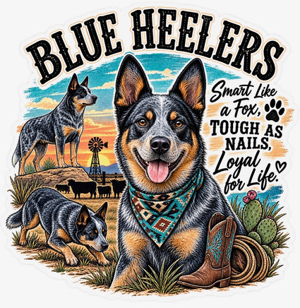Blue heeler dogs with bandana and windmill sunset, smart like a fox tough as nails loyal for life