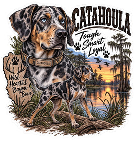 Catahoula leopard dog tough smart loyal sticker with bayou sunset