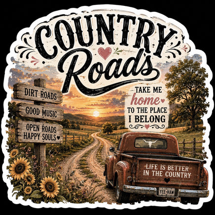 Country roads take me home sticker with vintage truck and sunflowers