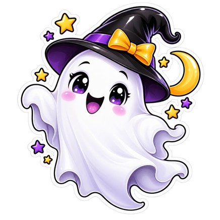 Cute Ghost in Witch Hat - Halloween Sticker - waterproof vinyl decal