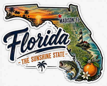 Florida the Sunshine State map sticker with Madison FL, lighthouse, bass and orange