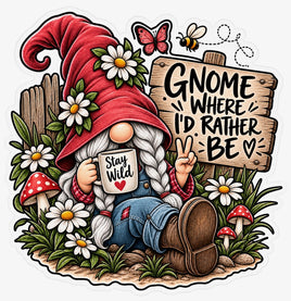 Gnome where I'd rather be garden gnome with daisies and mushrooms sticker