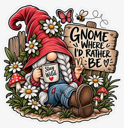 Gnome where I'd rather be garden gnome with daisies and mushrooms sticker