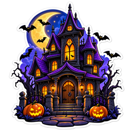 Haunted House Full Moon - Halloween Sticker - waterproof vinyl decal