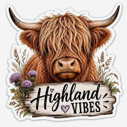 Highland cow with thistle flowers and Highland Vibes wooden sign sticker