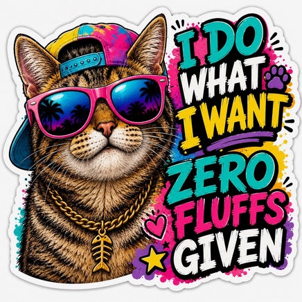Cat in sunglasses and gold chain, I do what I want zero fluffs given sticker