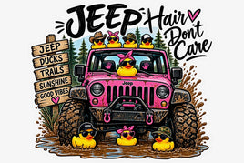 Jeep hair don't care sticker with pink Jeep, rubber ducks and mud
