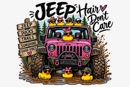 Jeep hair don't care sticker with pink Jeep, rubber ducks and mud