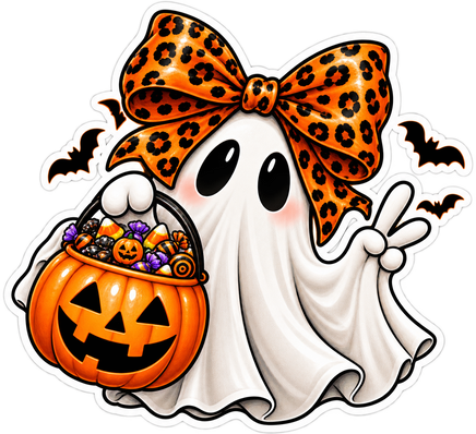 Leopard Bow Ghost with Candy Bucket - Halloween Sticker - waterproof vinyl decal