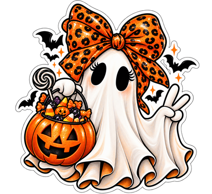 Leopard Bow Ghost with Lollipop - Halloween Sticker - waterproof vinyl decal