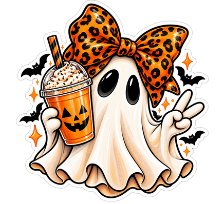 Leopard Bow Ghost Pumpkin Latte - Halloween Sticker - waterproof vinyl decal