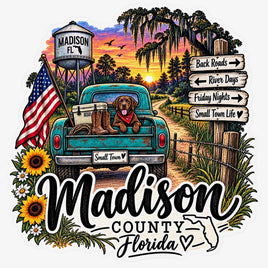 Madison County Florida sticker with vintage truck, dog, water tower and back roads signs