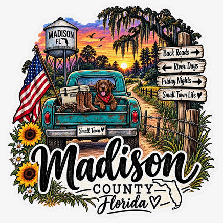 Madison County Florida sticker with vintage truck, dog, water tower and back roads signs