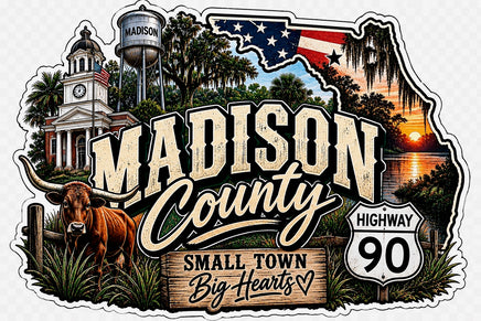 Madison County small town big hearts Highway 90 sticker with courthouse and water tower