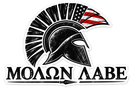 Molon Labe Spartan helmet with American flag plume sticker