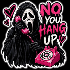 Ghostface on a pink phone with No You Hang Up text Halloween sticker