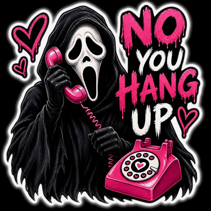 Ghostface on a pink phone with No You Hang Up text Halloween sticker