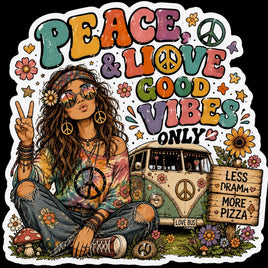 Peace love and good vibes only hippie girl with love bus sticker