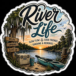River life slow flow good friends sunshine and memories sticker with kayak