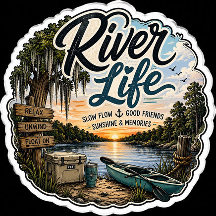 River life slow flow good friends sunshine and memories sticker with kayak