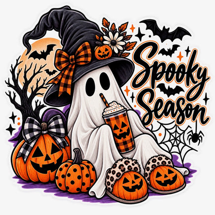 Spooky season ghost with witch hat, coffee and jack-o-lanterns sticker