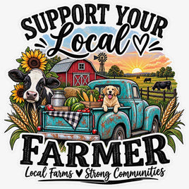 Support your local farmer sticker with vintage truck, cow, barn and produce