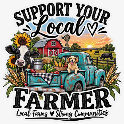 Support your local farmer sticker with vintage truck, cow, barn and produce