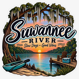 Suwannee River slow days good vibes sticker with dock, canoe and sunset