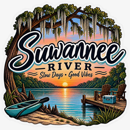 Suwannee River slow days good vibes sticker with dock, canoe and sunset