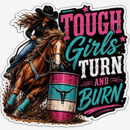 Tough girls turn and burn barrel racer cowgirl on chestnut horse sticker
