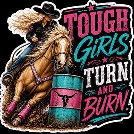 Tough girls turn and burn cowgirl barrel racing on palomino horse sticker