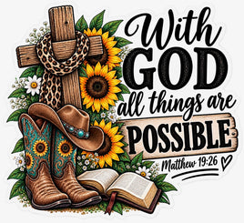 With God all things are possible Matthew 19:26 sticker with cross, Bible and cowboy boots