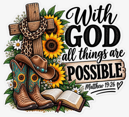 With God all things are possible Matthew 19:26 sticker with cross, Bible and cowboy boots